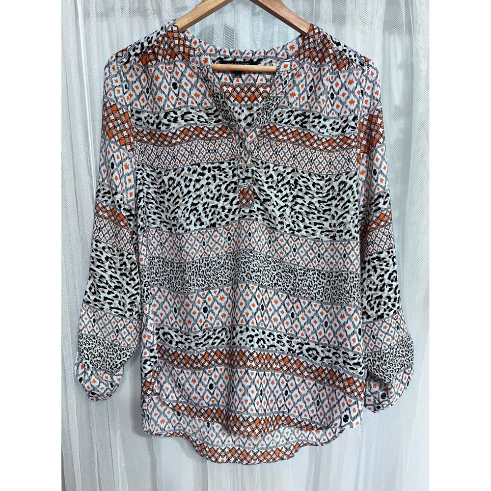 Zac & Rachel Womens Small Orange Mixed Animal Geometric Print Roll Tab Blouse